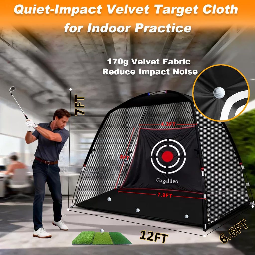 Golf Hitting Net for Backyard Driving 12X7Ft with Quiet Target | Portable Velvet Impact Equipment Broad Catching Area Suited to Chipping and Garage Swing Sessions Black