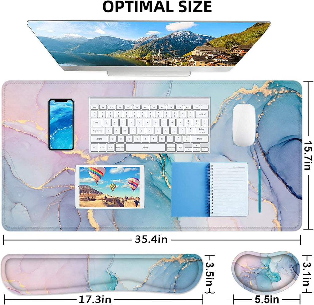 Large Mouse Pad with Wrist Rest, 4-In-1 Wrist Rest for Keyboard and Mouse | Non-Slip Waterproof Desk Mat Set, 35.4"X15.7" Desk Mat+Keyboard Wrist Rest+Mouse Wrist Support+Cup Coaster for Home Office