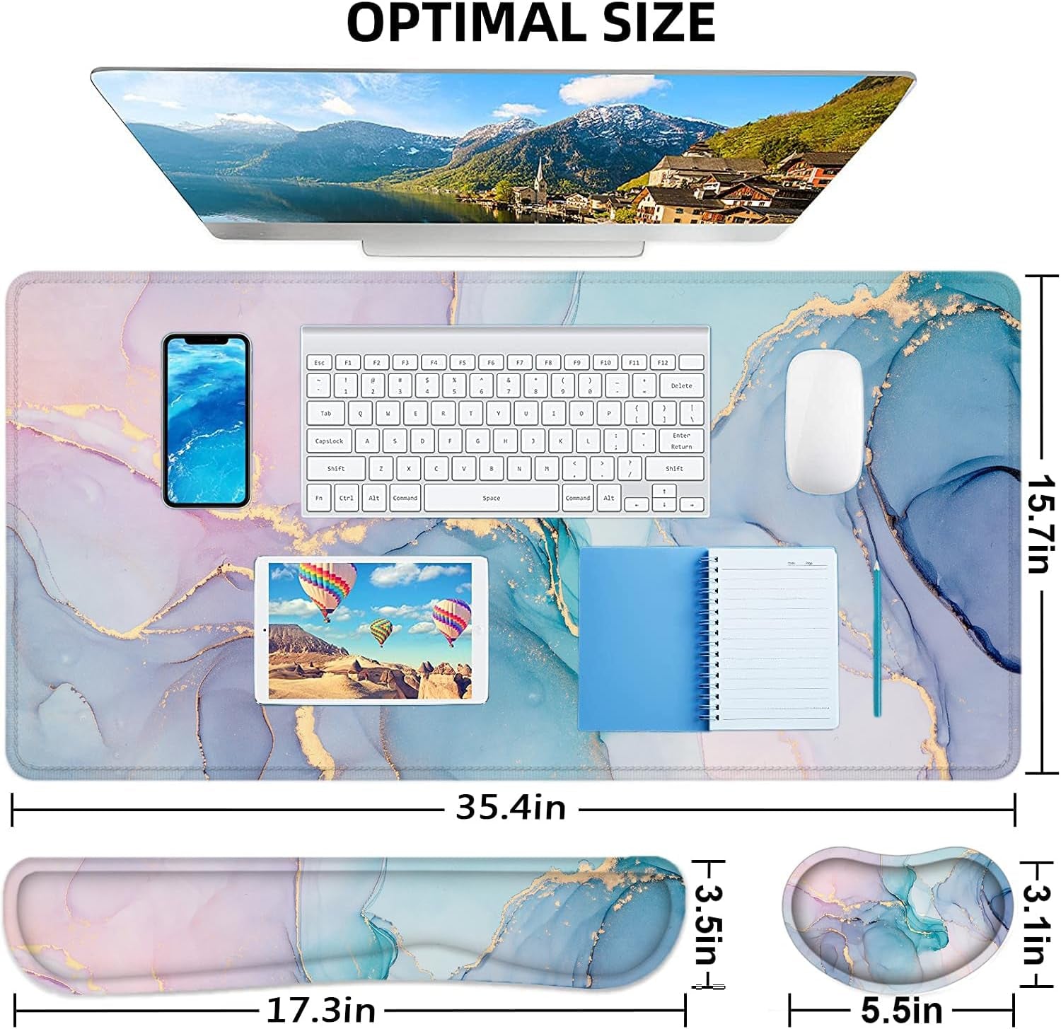 Large Mouse Pad with Wrist Rest, 4-In-1 Wrist Rest for Keyboard and Mouse | Non-Slip Waterproof Desk Mat Set, 35.4"X15.7" Desk Mat+Keyboard Wrist Rest+Mouse Wrist Support+Cup Coaster for Home Office