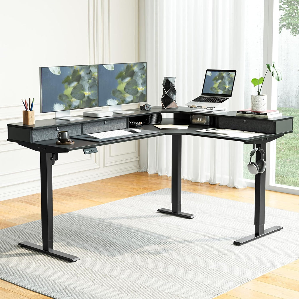 L Shaped Electric Standing Desk, 63 X48 Inch Large with Drawers | Reversible Tabletop, 2 Memory Height Settings | Home Office & Gaming Height-Adjustable Table, Black Top/Black Frame（2 Packages）