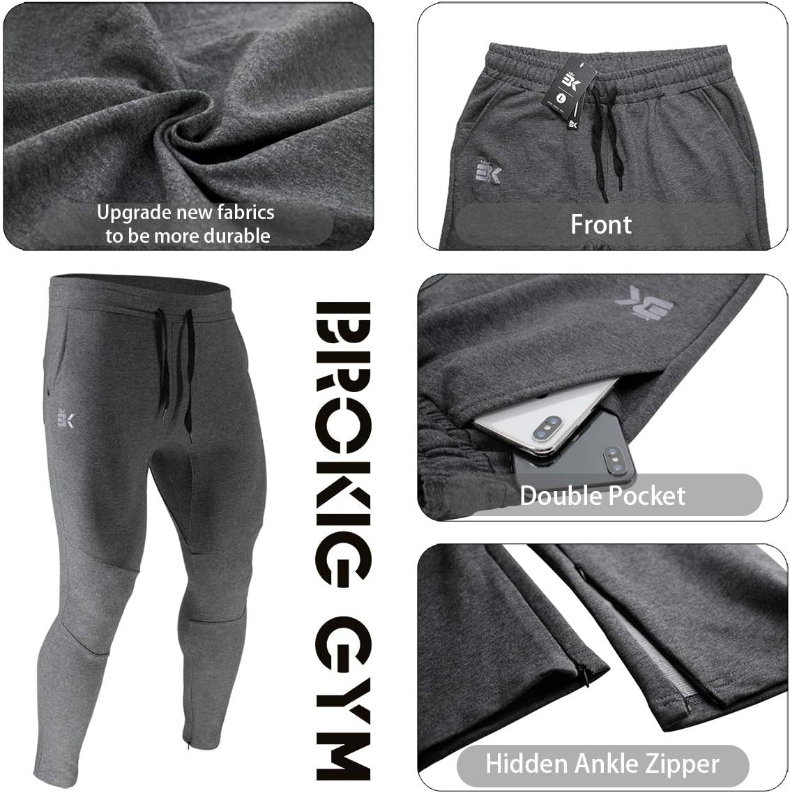 Mens Gym Workout Sweatpant Pocket Sport Jogger Pants | Hidden Ankle Zip,Inner Pocket,Comfortable,Cotton Blend,Athletic Sweat Pants,Running Trouser,Tapered Leg,Slim Fit,Durable