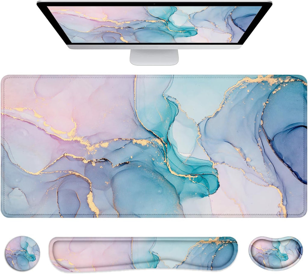 Large Mouse Pad with Wrist Rest, 4-In-1 Wrist Rest for Keyboard and Mouse | Non-Slip Waterproof Desk Mat Set, 35.4"X15.7" Desk Mat+Keyboard Wrist Rest+Mouse Wrist Support+Cup Coaster for Home Office