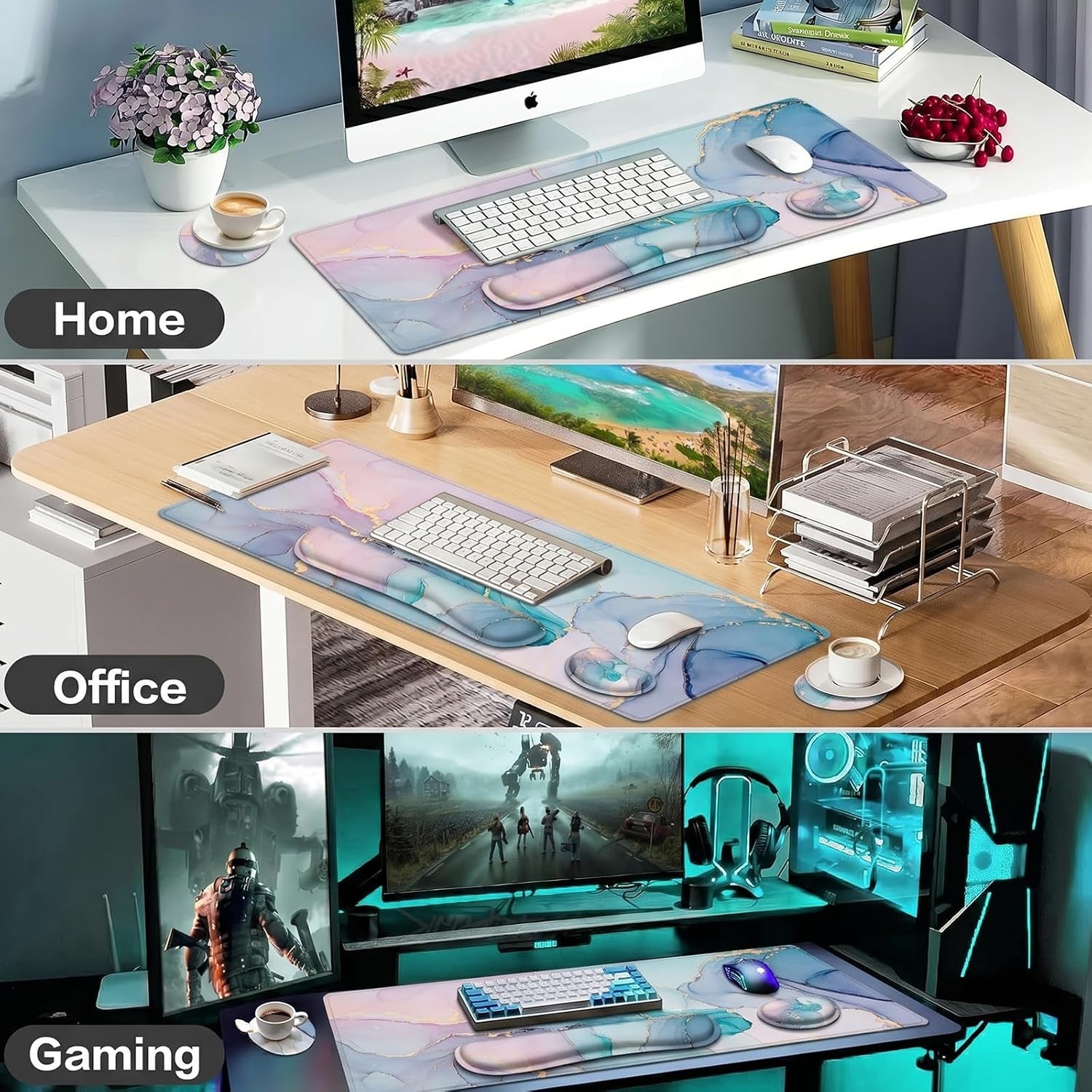 Large Mouse Pad with Wrist Rest, 4-In-1 Wrist Rest for Keyboard and Mouse | Non-Slip Waterproof Desk Mat Set, 35.4"X15.7" Desk Mat+Keyboard Wrist Rest+Mouse Wrist Support+Cup Coaster for Home Office