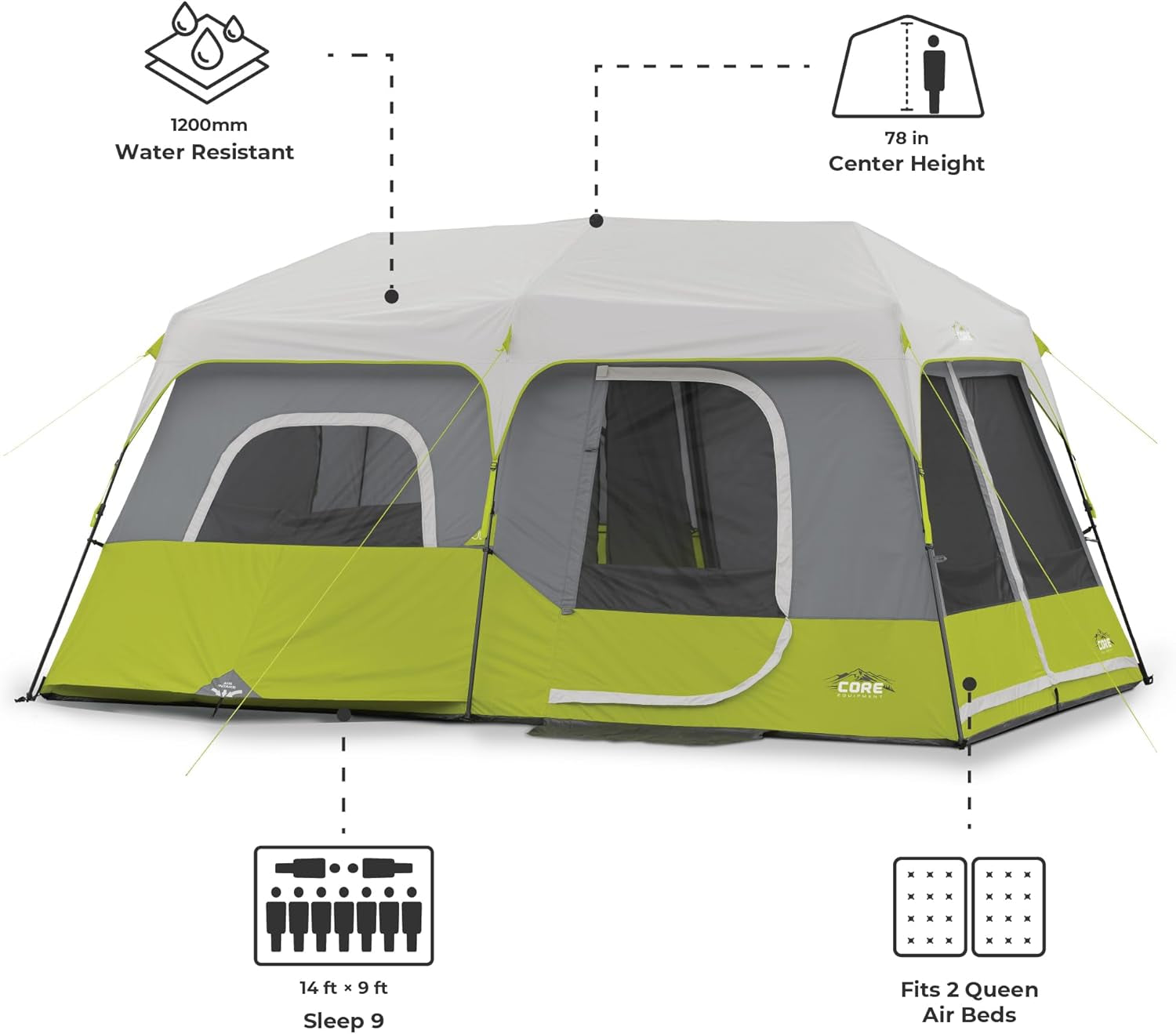 Core 9 Person Instant Cabin Tent - 14' X 9', Green (40008)