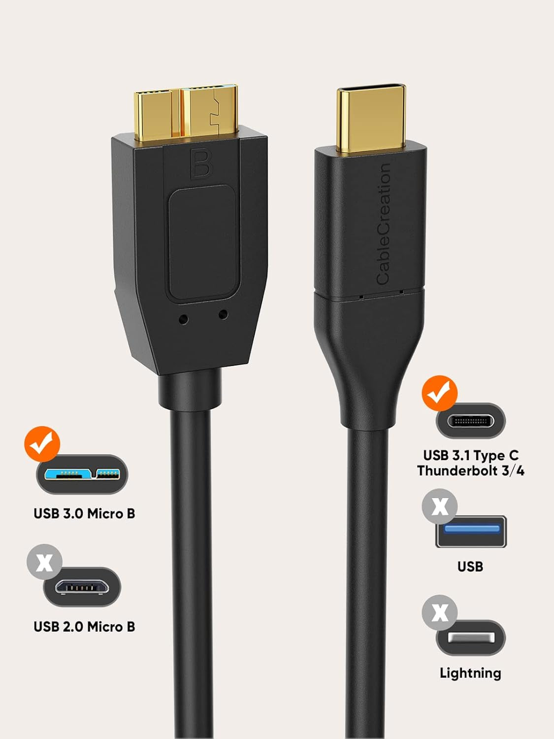 USB C 3.1 Type C to Micro B Hard Drive Cable for Iphone/Laptop/Camera | USB C Hard Drive Cable 10Gbps High Speed / 1Ft~4Ft/ for Seagate WD Westgate Lacie My Password/Thunderbolt 3 Compatible