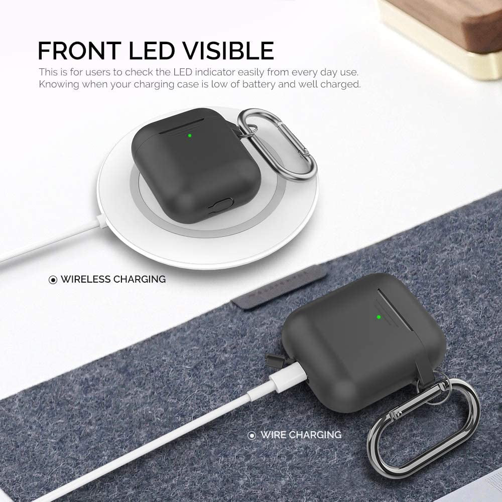 Upgrade Silicone Case Protective Cover for Apple Airpods 2 & 1 | Front LED Visible, Carabiner Included, Supports Wireless Charging, Shock Resistant, Full Protection