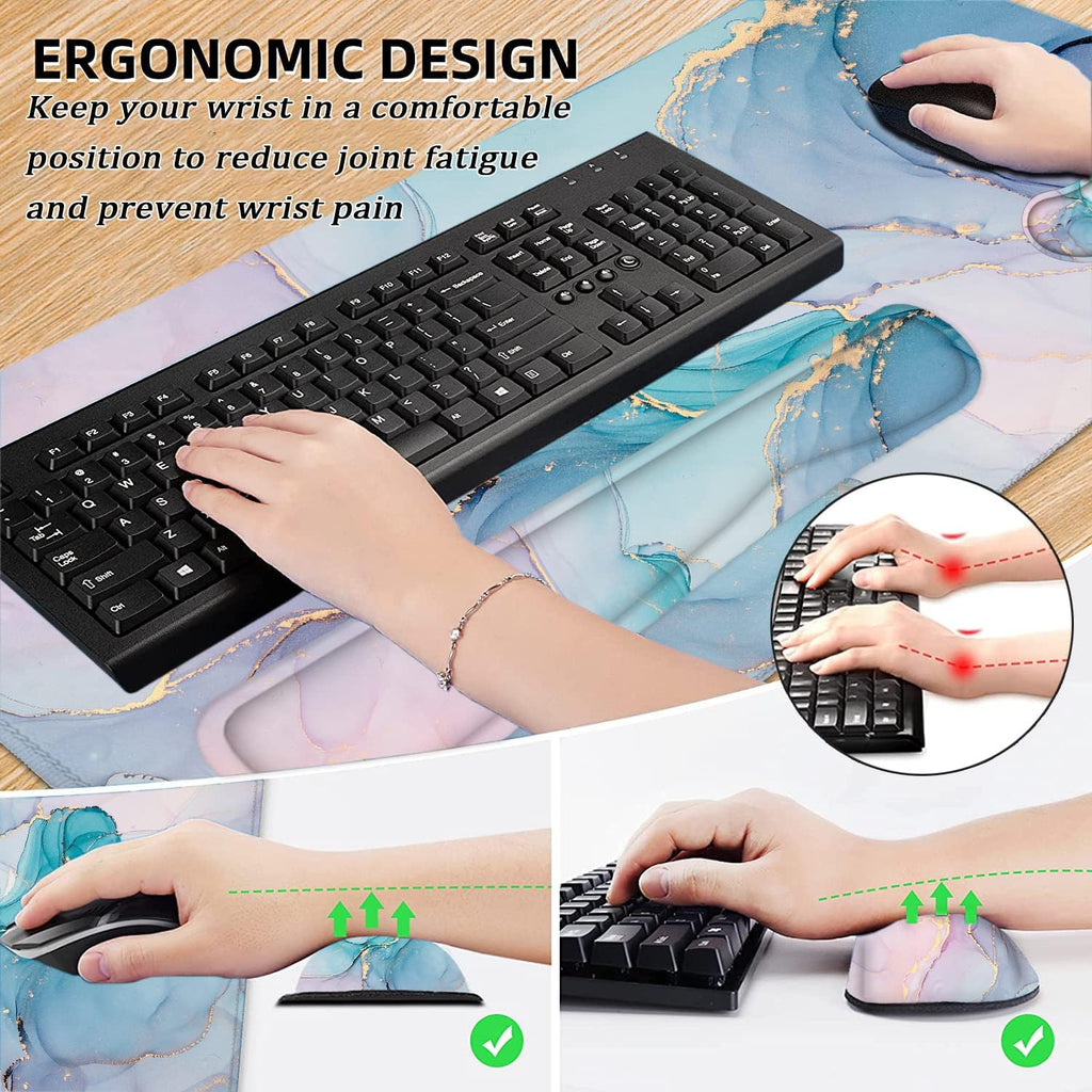 Large Mouse Pad with Wrist Rest, 4-In-1 Wrist Rest for Keyboard and Mouse | Non-Slip Waterproof Desk Mat Set, 35.4"X15.7" Desk Mat+Keyboard Wrist Rest+Mouse Wrist Support+Cup Coaster for Home Office