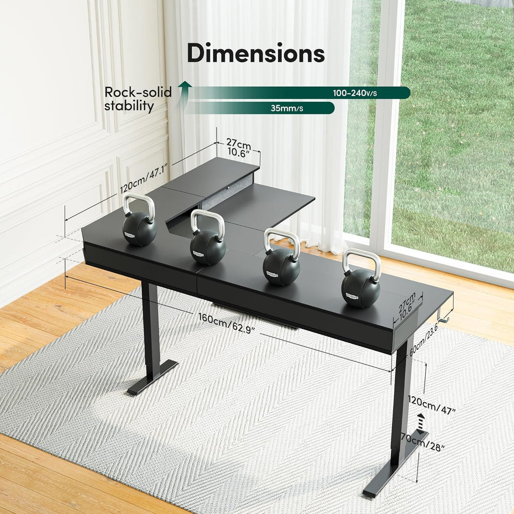 L Shaped Electric Standing Desk, 63 X48 Inch Large with Drawers | Reversible Tabletop, 2 Memory Height Settings | Home Office & Gaming Height-Adjustable Table, Black Top/Black Frame（2 Packages）