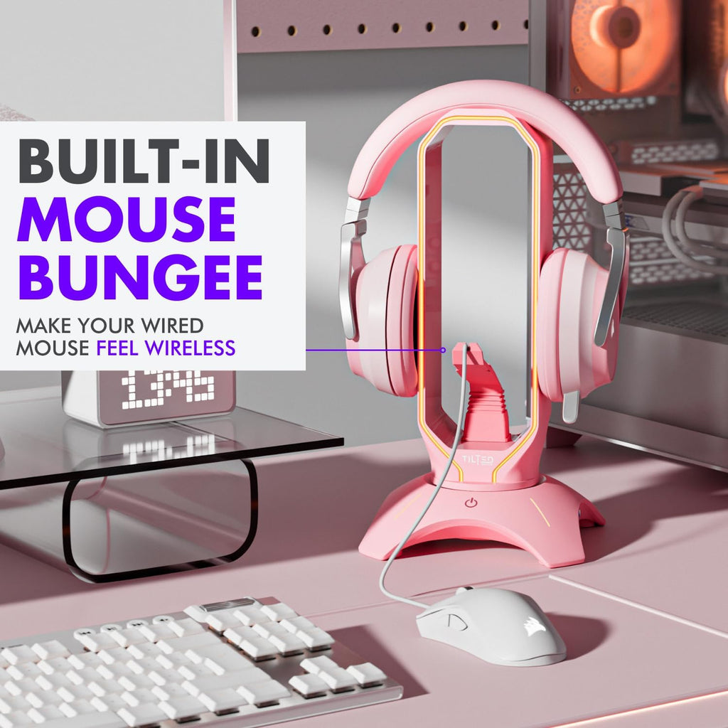Cute Headphone Stand Pink | Headset Stand with RGB, Mouse Bungee Holder, and 2 Port USB Hub Charger - Desk Gaming Accessories