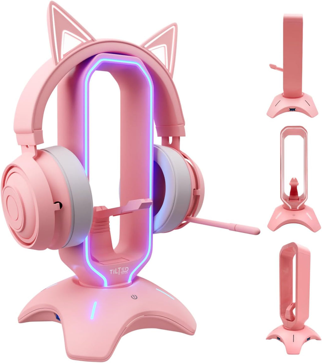 Cute Headphone Stand Pink | Headset Stand with RGB, Mouse Bungee Holder, and 2 Port USB Hub Charger - Desk Gaming Accessories