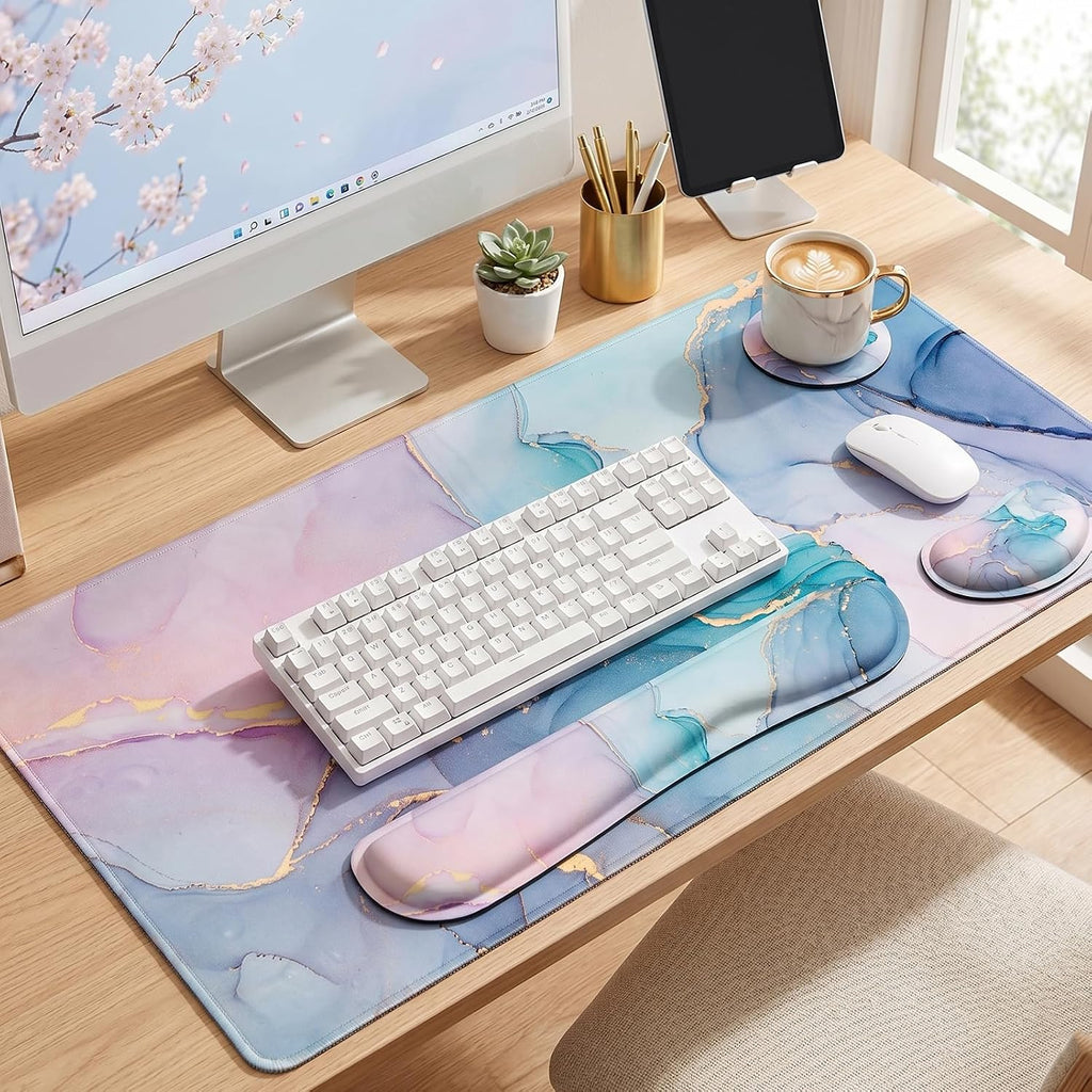 Large Mouse Pad with Wrist Rest, 4-In-1 Wrist Rest for Keyboard and Mouse | Non-Slip Waterproof Desk Mat Set, 35.4"X15.7" Desk Mat+Keyboard Wrist Rest+Mouse Wrist Support+Cup Coaster for Home Office