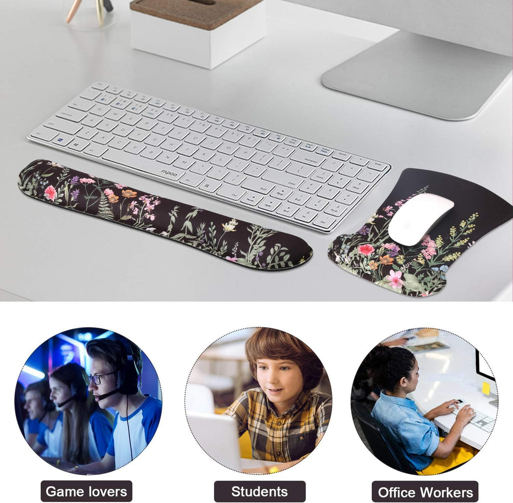 Floral Ergonomic Mouse Pad, Memory Foam Desk Mat for Office Home | Aesthetic Desk Pad with Stitched Edges, Mousepad for Dorm Office Cubicle Workspace Study Area Computer Setup Travel Bag
