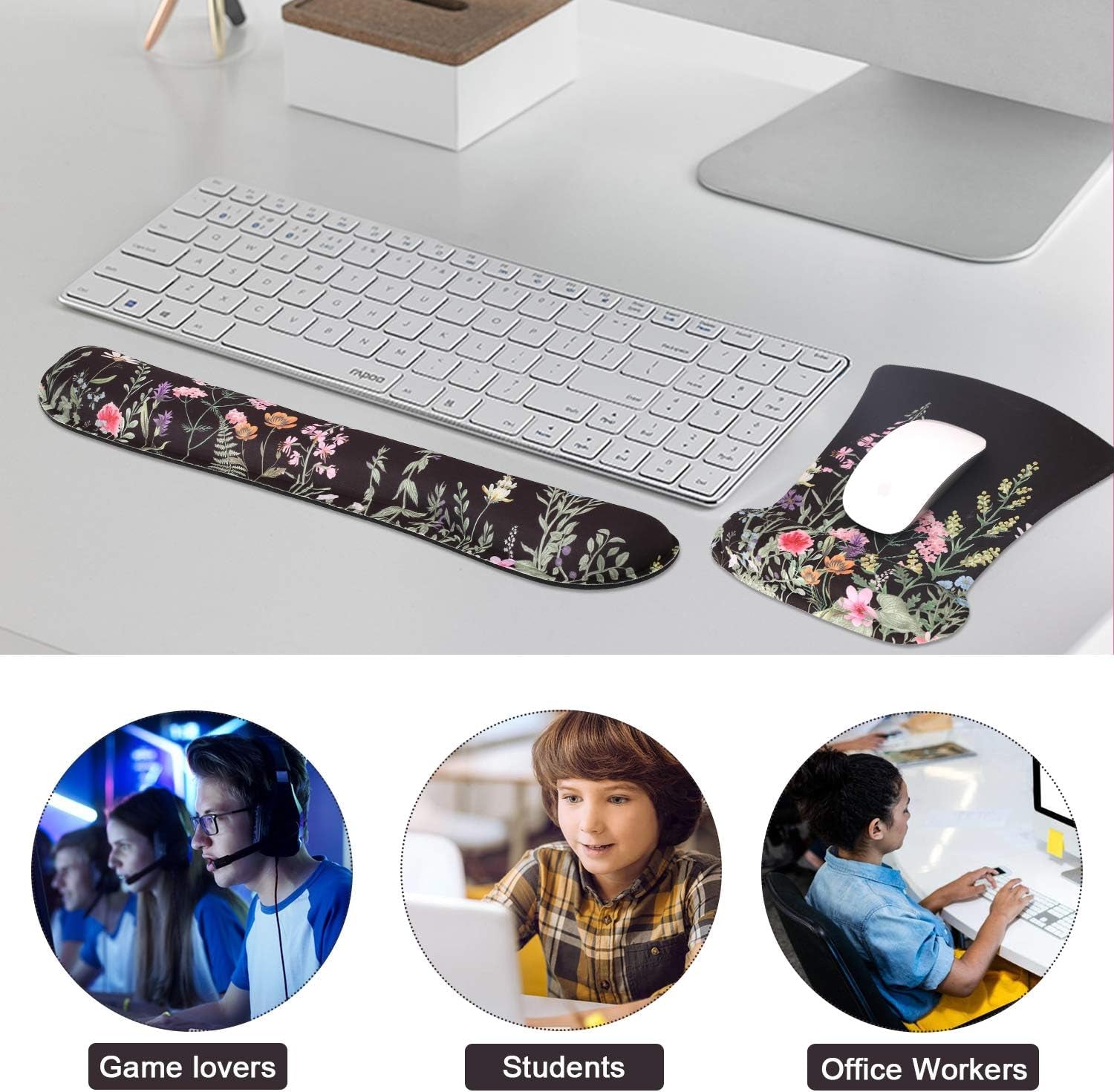 Floral Ergonomic Mouse Pad, Memory Foam Desk Mat for Office Home | Aesthetic Desk Pad with Stitched Edges, Mousepad for Dorm Office Cubicle Workspace Study Area Computer Setup Travel Bag