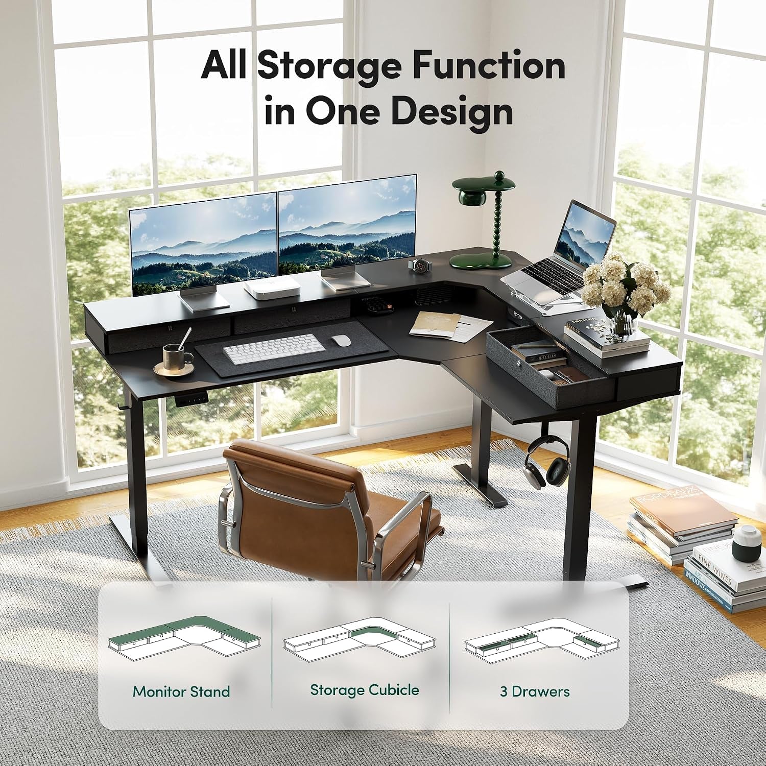 L Shaped Electric Standing Desk, 63 X48 Inch Large with Drawers | Reversible Tabletop, 2 Memory Height Settings | Home Office & Gaming Height-Adjustable Table, Black Top/Black Frame（2 Packages）